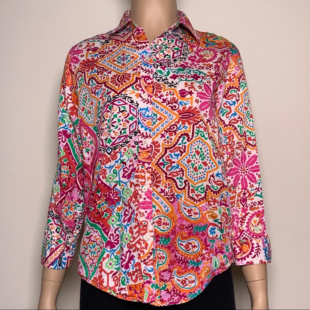 Ralph Lauren Paisley Floral Print Button Front Blouse Top Long Sleeve Size S